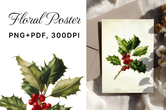 Download Vintage Holly with Berries, PNG + PDF - Holly Collection