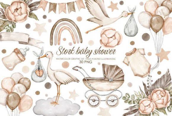 Download Watercolro Stork Baby Shower Clipart - Baby shower Collection