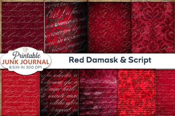 Download Red Damask Script Junk Journal Pages - Page Collection