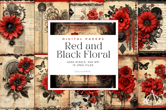 Download Red and Black Floral Junk Journal Pages - Page Collection