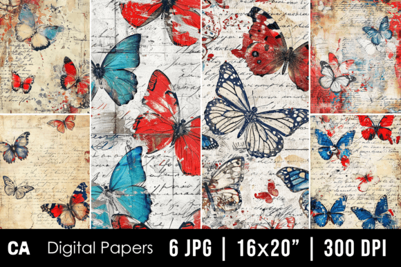 Download Vintage Red Blue Butterfly Journal Pages - Page Collection